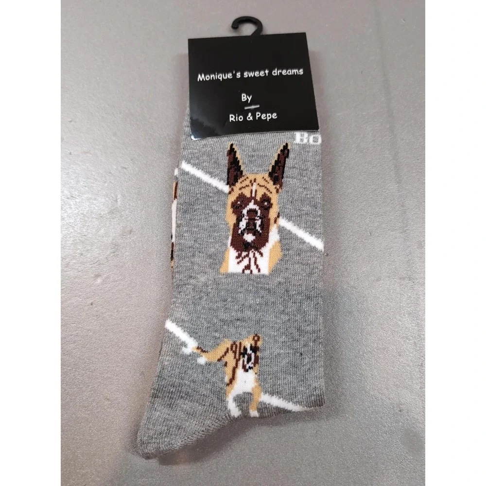 Monique's Sweet Dreams Rio & Pepe Boxer Dog Socks Grey Crew Size 9-11 Novelty